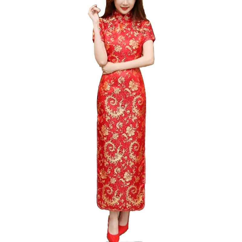 Chinese Long Cheongsam Short Sleeve Side Slit Stand Collar Button Traditional Elegant Maxi Printed Qipao | Fruugo SG