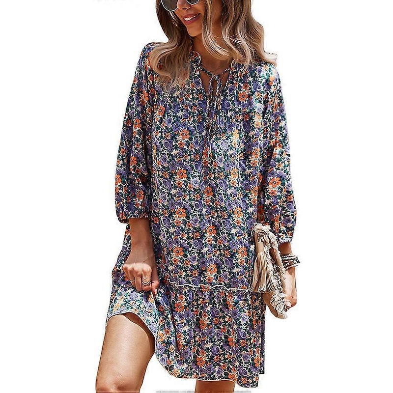 Dress Floral Print V Neck Nine Quarter Sleeve Flounces Hem Casual Dress for Women Blue L | Fruugo SG