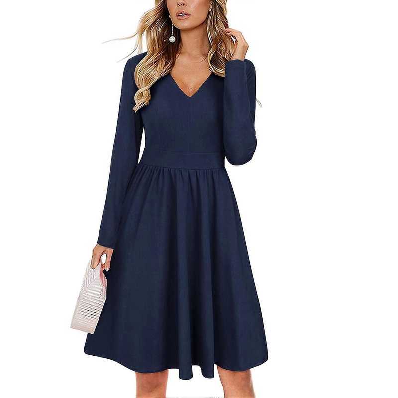 Dress High Waist V Neck Long Sleeve Drape Bodycon Pure Color Knee Length Dress for Women Dark Blue S | Fruugo SG