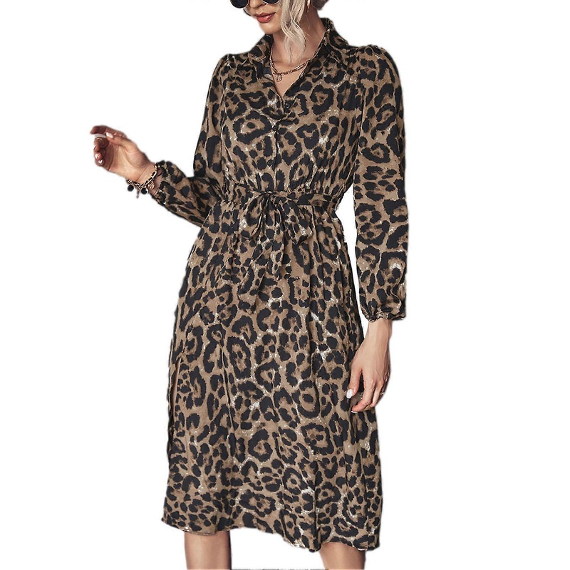 Dress Leopard Print Long Sleeve Side Split Lapel Waist Tie Fashionable Dress for Women Brown S | Fruugo SG
