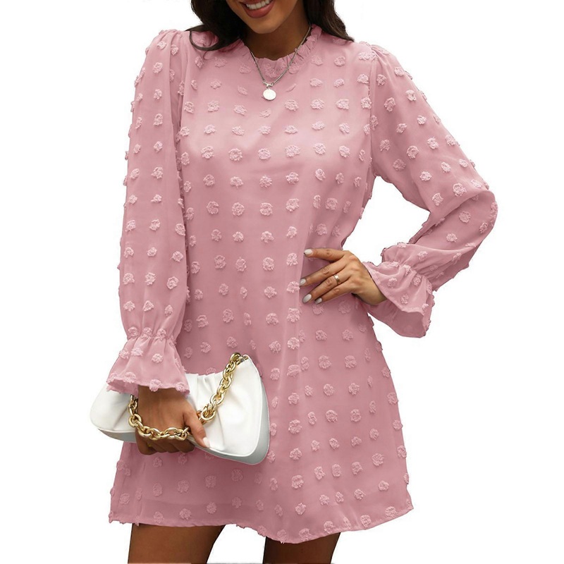 Dress Long Puff Sleeve Chiffon Dot Print Round Neck Cute One Piece Dress for Women Pink S | Fruugo SG