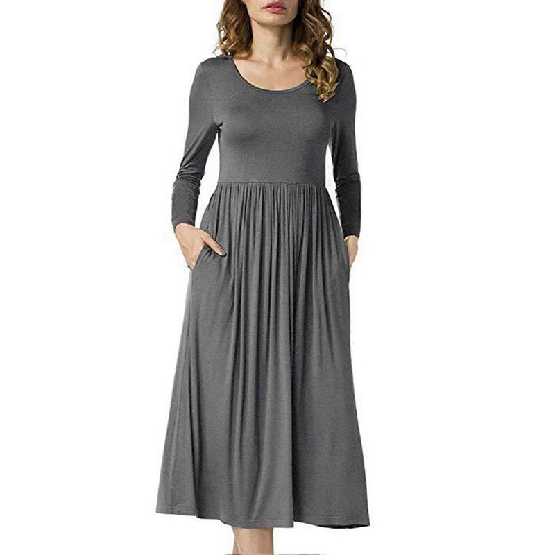 Dress Long Sleeve Round Neck Pure Color Flowy Swing Hem Comfortable Dress for Women Grey XXL | Fruugo SG