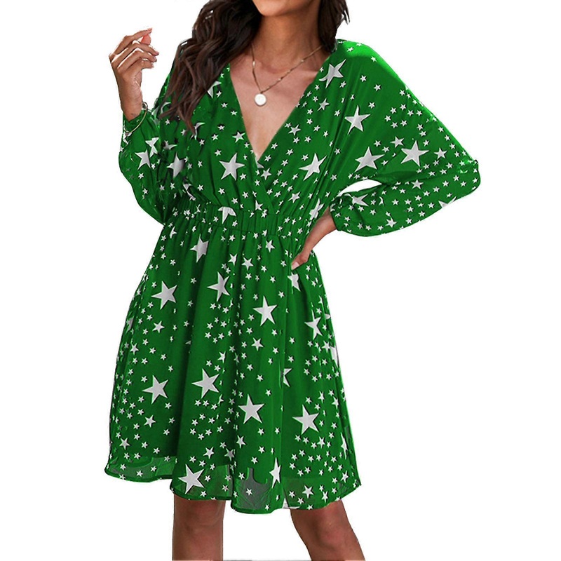 Dress Long Sleeve V Neck Star Print Elastic Waist Liner Fashionable Dress for Women Green S | Fruugo SG