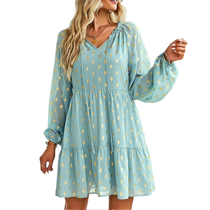Dress V Neck Long Sleeve Drawstring Printing Flowy Fashionable Casual Dress for Women Green L | Fruugo SG