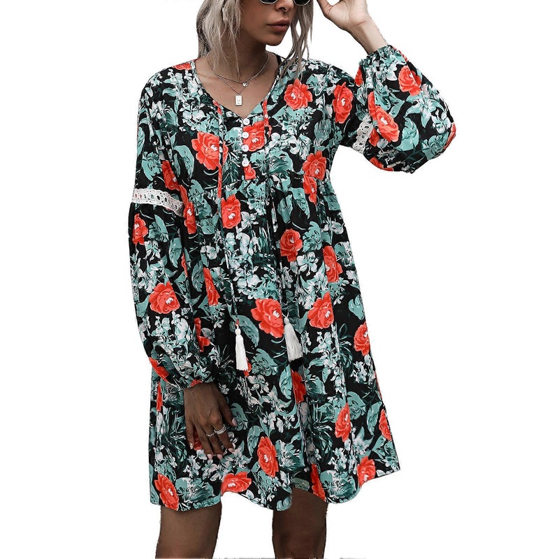 Female Dress Polyester Fiber Cotton V Neck Long Sleeve Floral Printed Lace Stitching Women One Piece Dress Black M | Fruugo SG