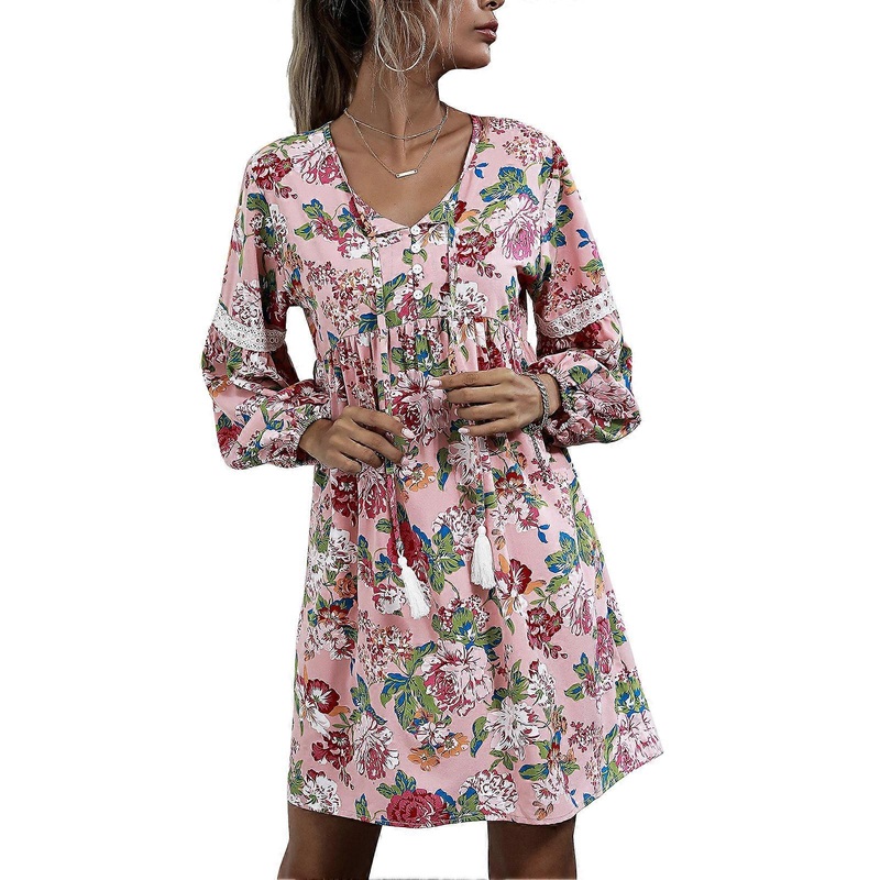 Female Dress Polyester Fiber Cotton V Neck Long Sleeve Floral Printed Lace Stitching Women One Piece Dress Pink M | Fruugo SG