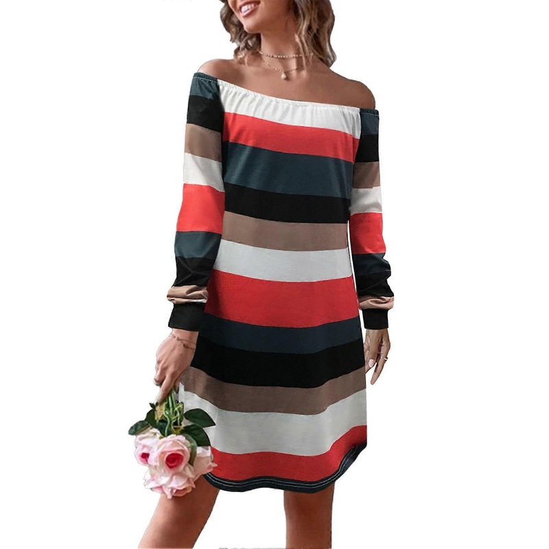 Horizontal Striped Long Sleeves Dress Tube Top Breathable Casual Soft Skin Friendly Woman Dress for Party Work Red M | Fruugo SG