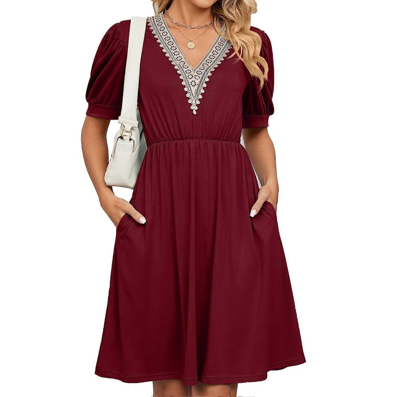Lace Stitching Dress Puff Sleeve Side Pockets V Neck Fashionable Elegant Female Short Dress Burgundy S | Fruugo SG