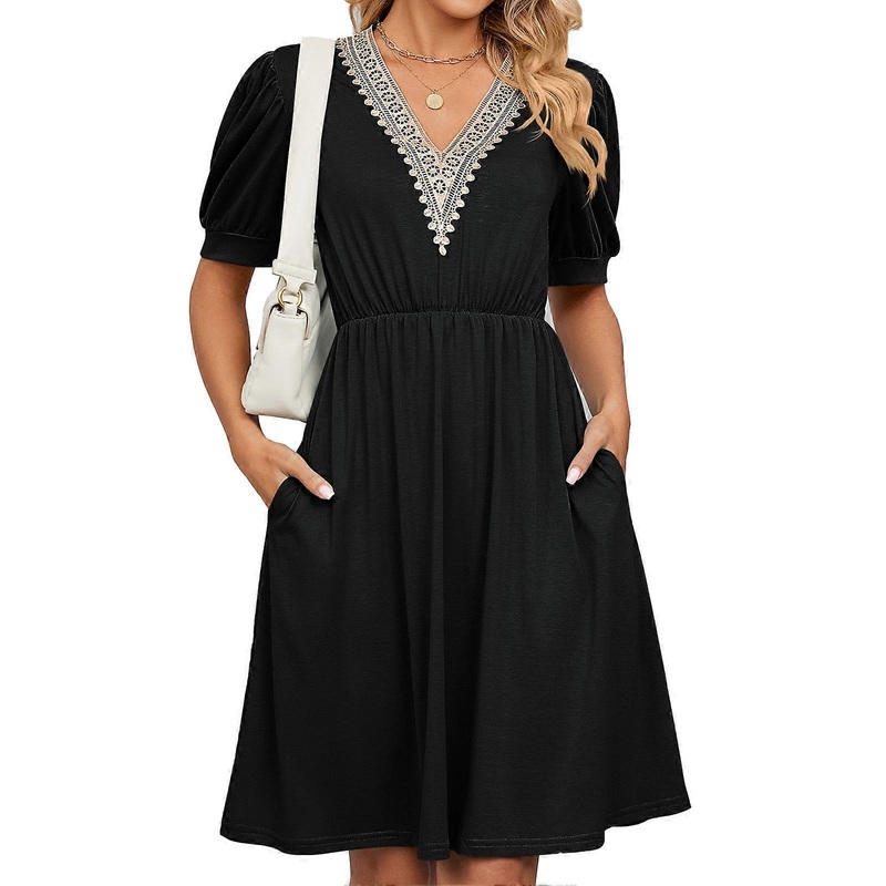 Lace Stitching Dress Puff Sleeve Side Pockets V Neck Fashionable Elegant Female Short Dress | Fruugo SG