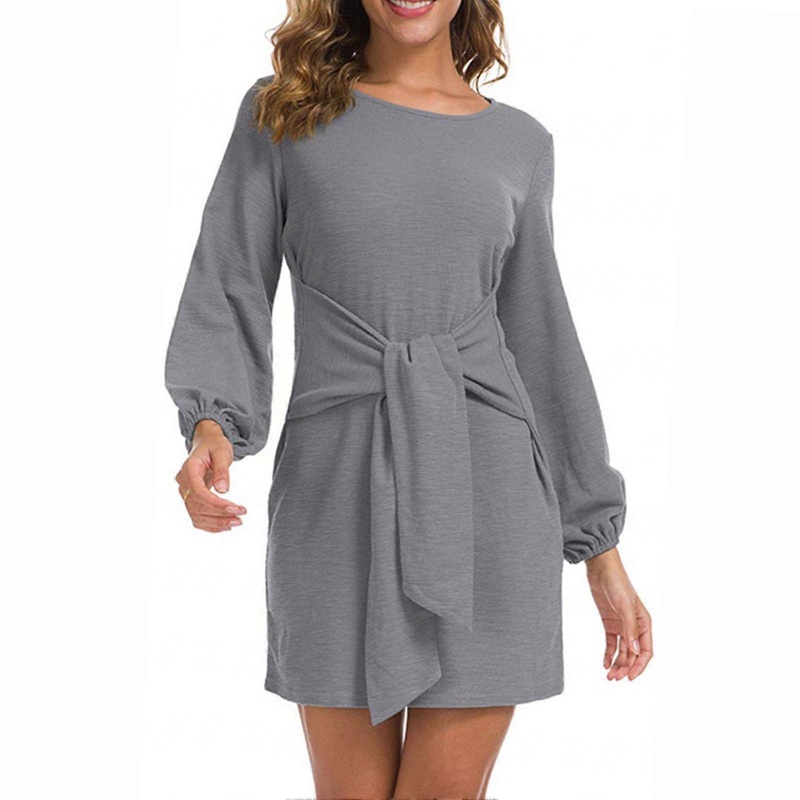 Long Lantern Sleeve Short Dress Pure Color Crewneck Tie Waist Cocktail Dress for Dating Gray L | Fruugo SG