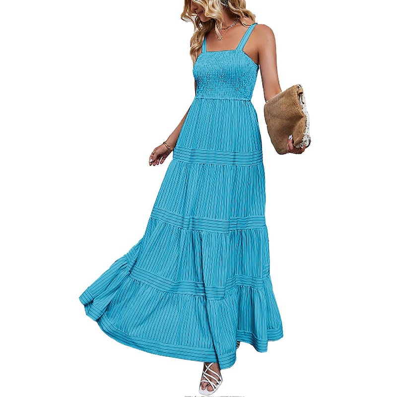 Maxi Dress Strap Waist Shirred Sleeveless Striped Printed Fashionable Women Maxi Dress for Vacation Dark Blue S | Fruugo SG