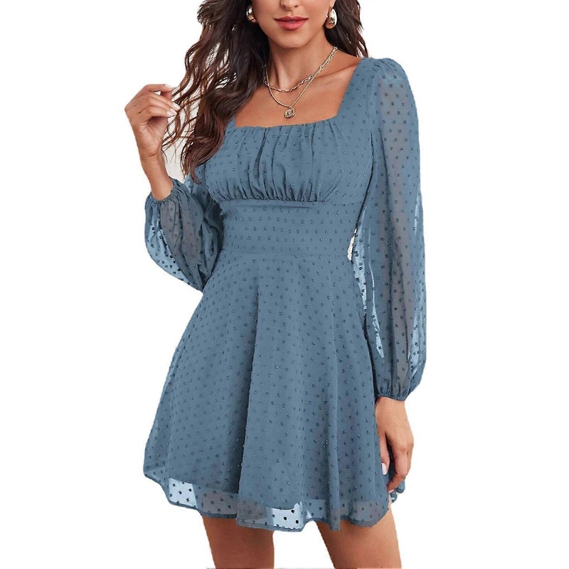 Mesh Long Sleeve Dress High Waist Multi Layer Solid Color Dress Back Zip Design for Women Grey Blue S | Fruugo SG