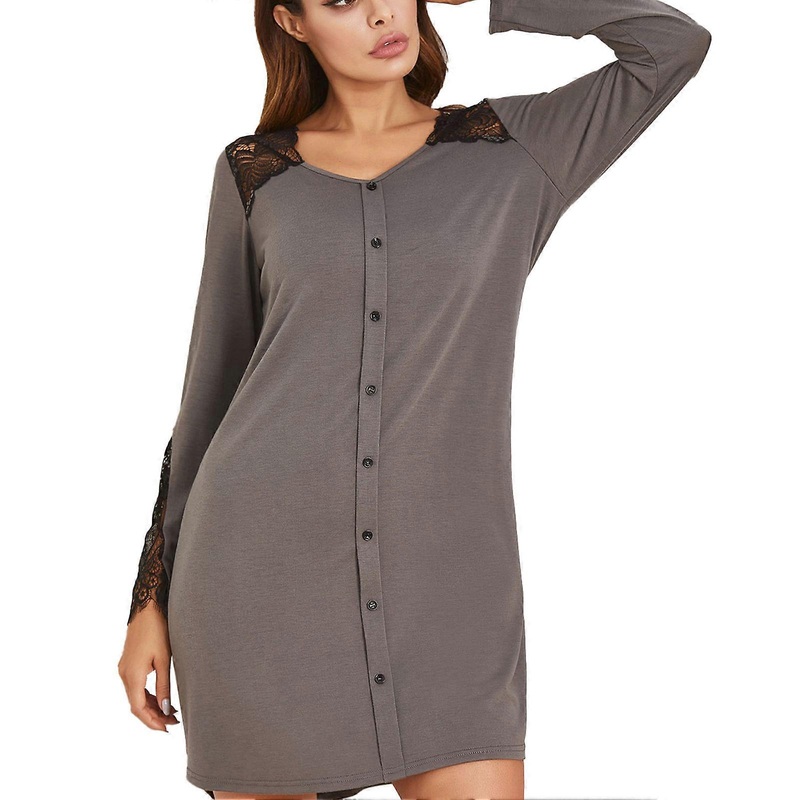 Single Breasted Lace Nightdress Cutout Long Sleeve V Neck Women’s Mini Pullover Dress for Home Dark Grey XL | Fruugo SG