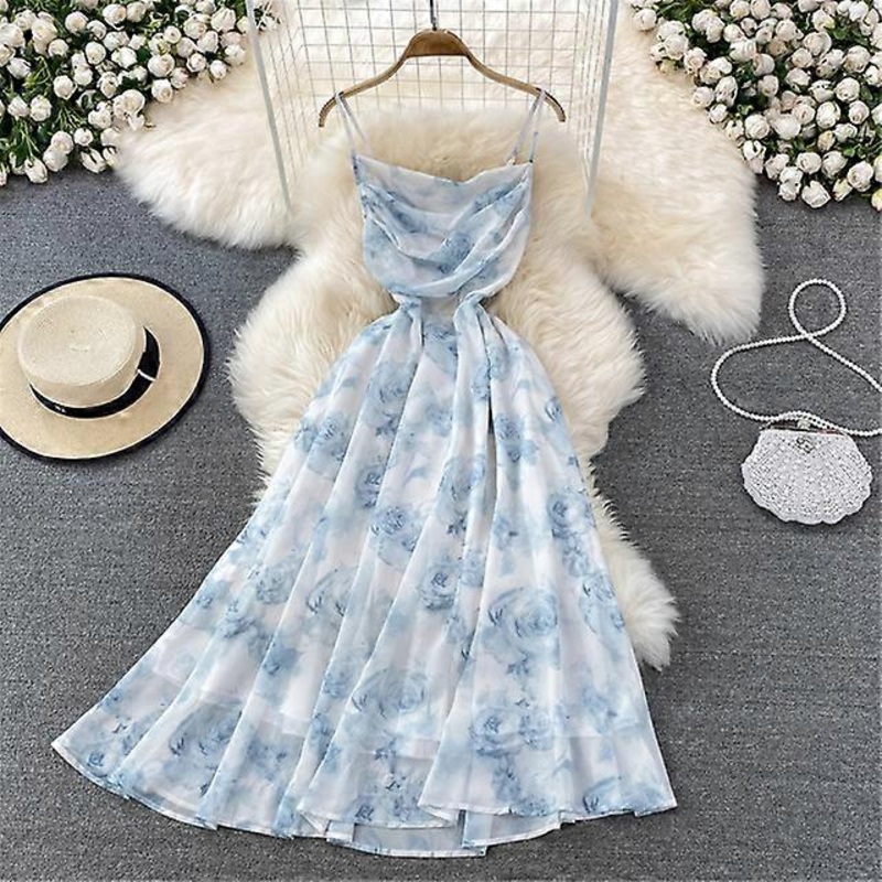 Summer Floral Sling Dress Beach Holiday Women Chiffon Midi Dresses Elegant Sweet Sundress Vestidos Robe Woman Clothing-blue,L | Fruugo SG