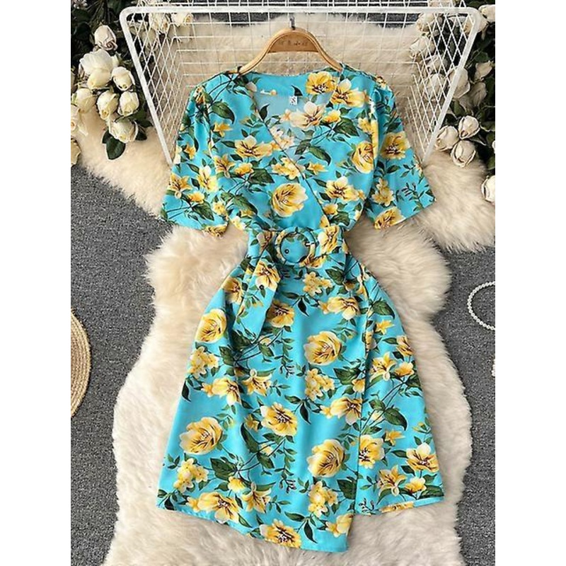 Summer Women Floral Party Dress Female Elegant Female V-Neck Beach Vestidos Lady Holiday Robe New-Light Green,One Size | Fruugo SG