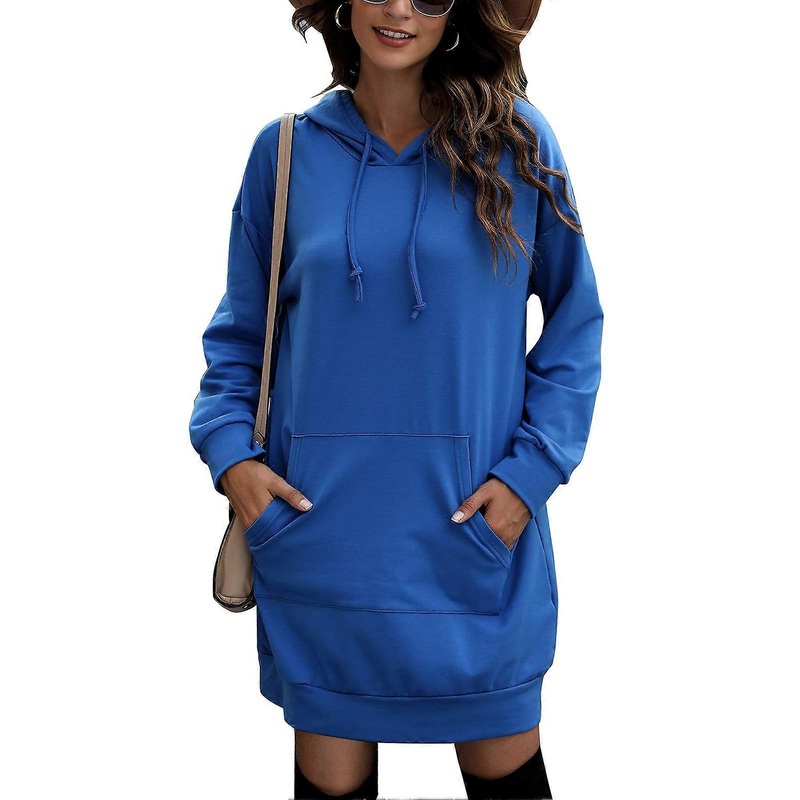 Sweatshirt Dress Long Sleeve Pocket Pure Color V Neck Knee Length Casual Sweater Dress for Women Blue S | Fruugo SG