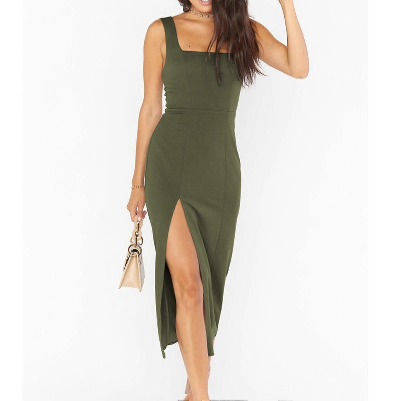 Tank Slit Dress High Waist Slim Backless Thick Strap Spread Collar Elegant Women Slit Dress for Spring Summer Green S | Fruugo SG