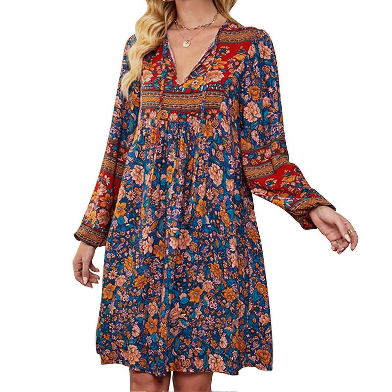V Neck Dress Rayon Soft Long Lantern Sleeve Floral Print Casual Loose Dress for Women Blue L | Fruugo SG