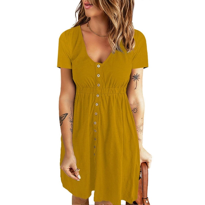 V Neck Front Button Dress Short Sleeve High Waisted Button Front Dress for Women Spring Summer Yellow M | Fruugo SG