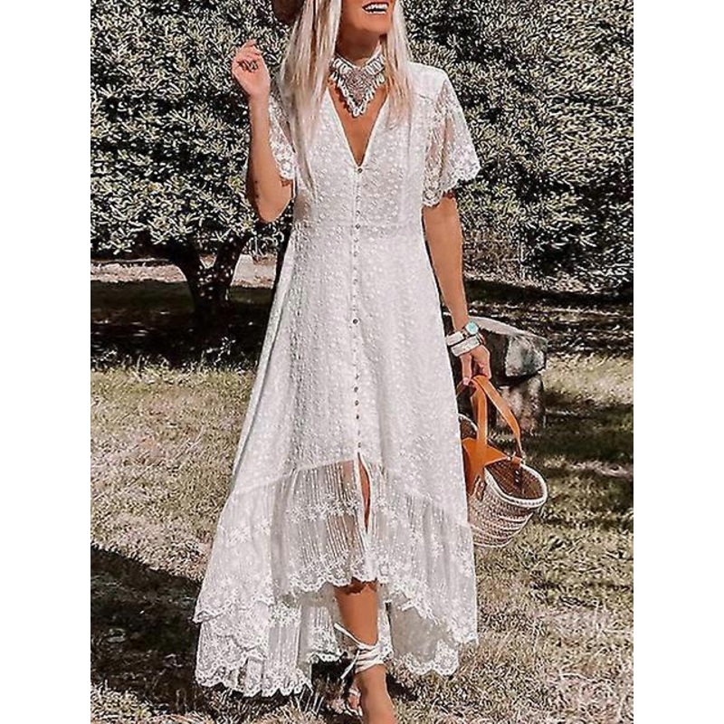 White Maxi Dress Women Summer Bohemian Long Beach Sundress Ladies Hollow out Short Sleeve V-neck Holiday Dress Robe Longue-White,L | Fruugo SG
