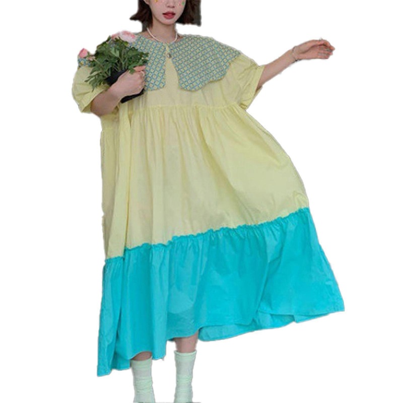 Woman Doll Collar Short Sleeves Dress Oversized Loose Fit Color Block Patchwork Dresses for Summer | Fruugo SG
