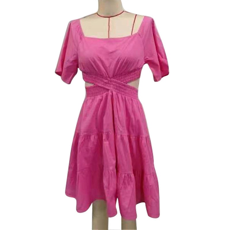 Women Dress Short Bell Sleeves Ruffle Hem Crossing Waist Hollow Out Back Shirred Summer Dress Pink L | Fruugo SG