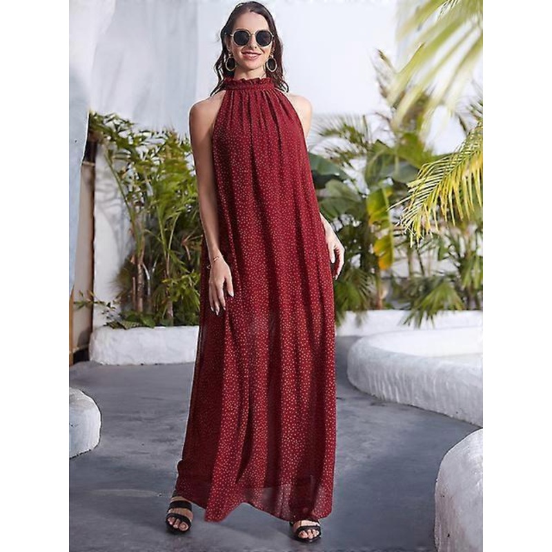 Women Dress Sleeveless Casual Ruffled O-Neck Long Dresses 2022 Summer Sashes Sundress Beach Holiday Loose Waist Floral Print-wine red dot,M | Fruugo SG