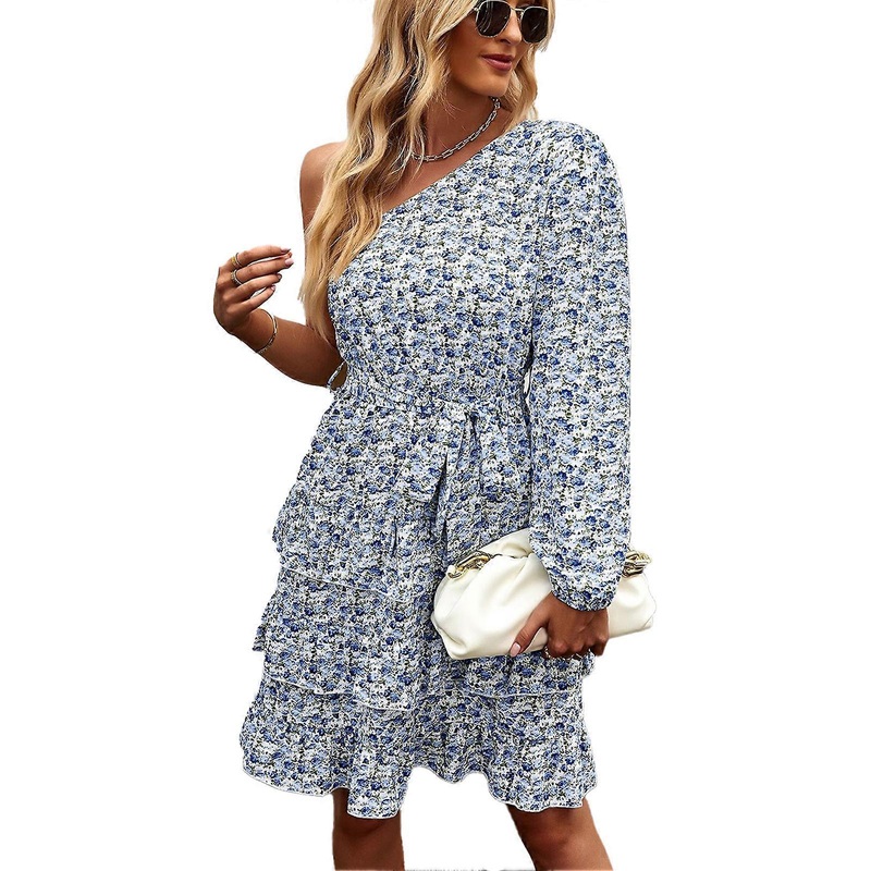 Women Dress Sloping Shoulder Long Sleeve One Piece Floral Pattern for All Seasons Blue XL | Fruugo SG