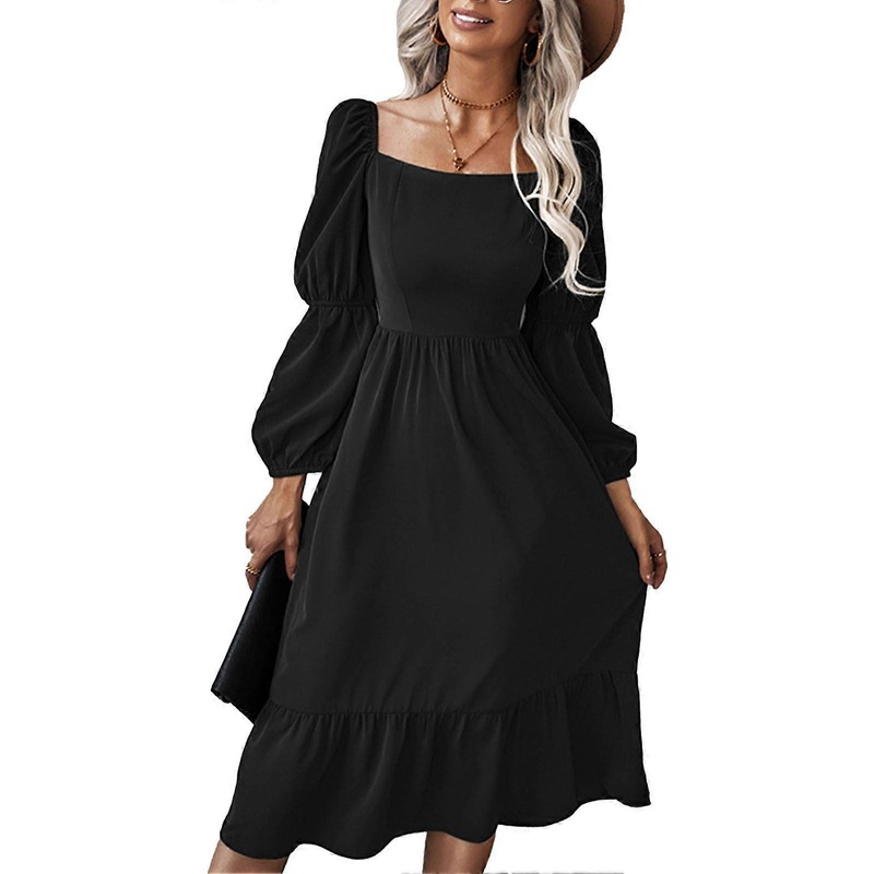 Women Lantern Sleeves Dress Square Neck Elastic Back Ruffle Stitching Pure Color A Line Casual Flowy Dress Black S | Fruugo SG