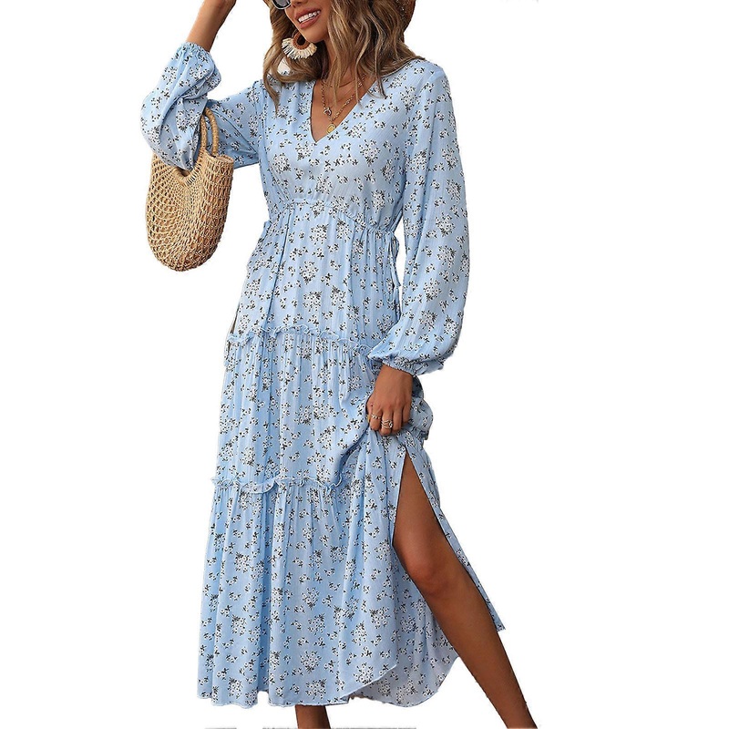 Women Long Dress V Neck Flounce High Waist Long Lantern Sleeve Left Side Slit Floral Dress for Daily Party Blue S | Fruugo SG