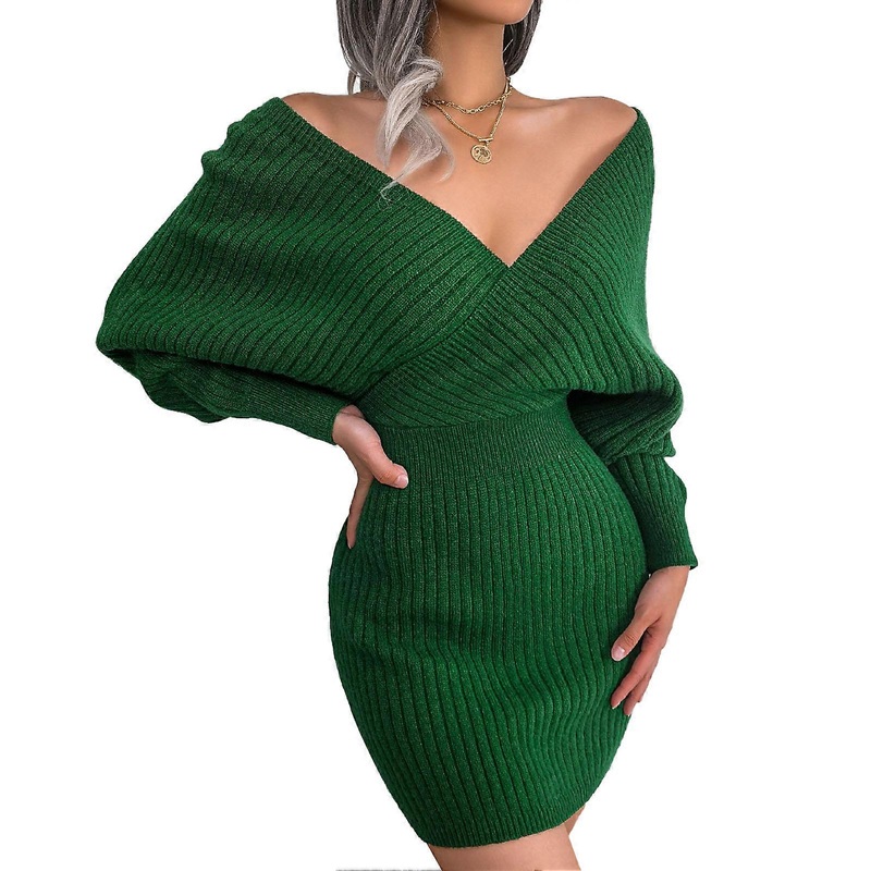 Women Long Sleeve Wrap V Neck Knit Dress Elegant Pure Color Bodycon Sweater Dress for Work Dating Green M | Fruugo SG