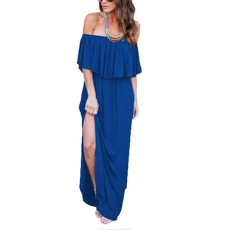 Women Off Shoulder Long Dress with Pocket Ruffle High Waist Side Slit Loose Fit Maxi Dress Blue M | Fruugo SG