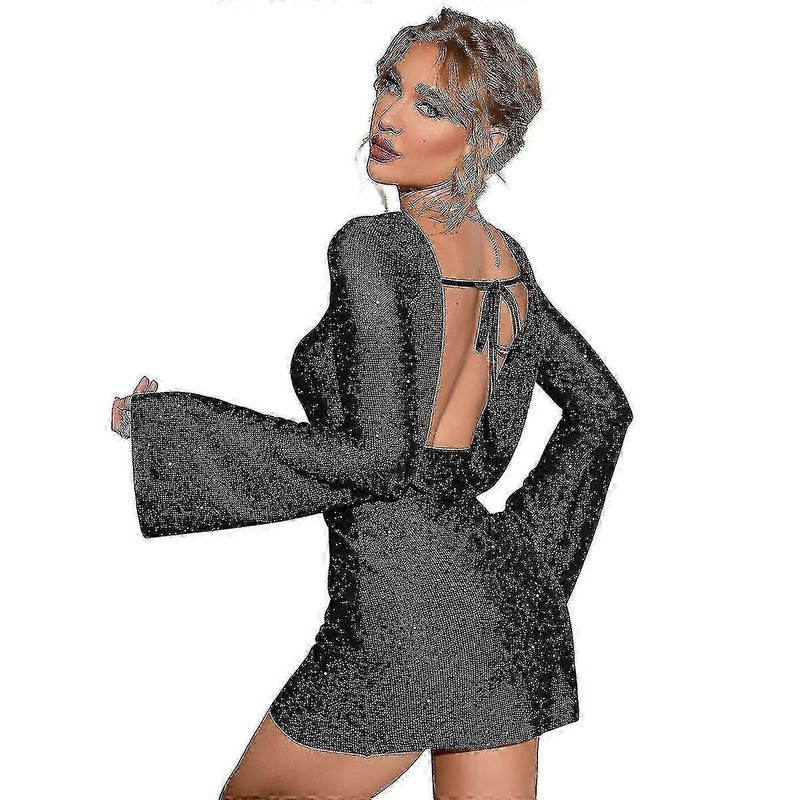 Women’s Backless Flounce Sleeve Sparkling Mesh Mini Dress | Fruugo SG