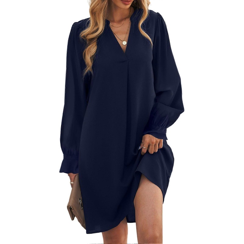 Women’s V Neck Front Pleated Long Puff Sleeves Loose Skin Friendly Fall Dress for Dates Parties Work | Fruugo SG