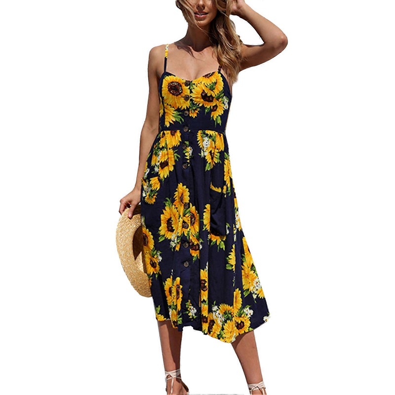 Women Summer Dress Adjustable Comfortable Strap Sleeveless Dress with Pockets for Dating Beach Shopping Honeymoon Dark Blue Sunflower L | Fruugo SG