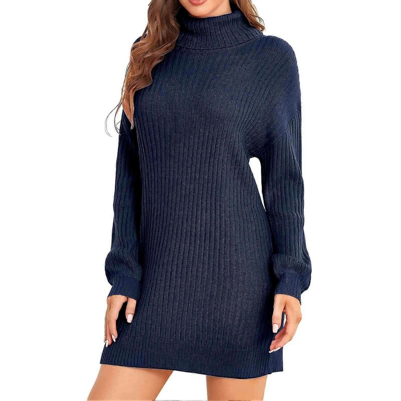 Women Turtleneck Sweater Dress Elegant Casual Loose Pure Color Long Sleeve Pullover Rib Knit Dress for Office Dark Blue S | Fruugo SG