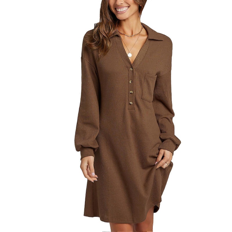 Women V Neck Dress Sweater Dress Relaxed Loose Hem Threaded Cuffs Long Sleeve Dress for Daily Life Working Khaki L | Fruugo SG