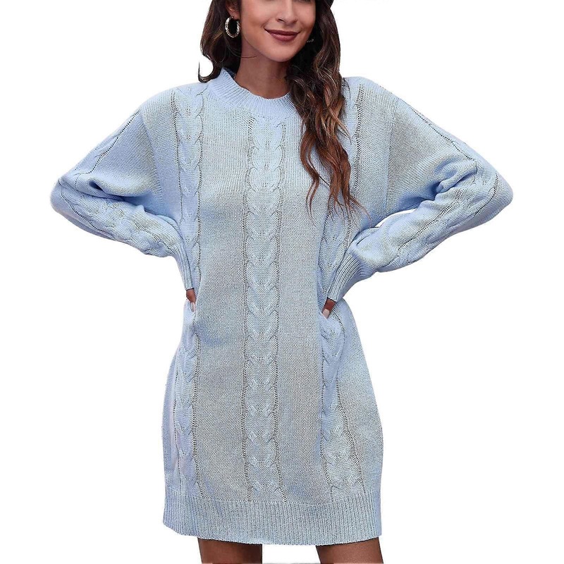 Women Winter Sweater Dress Cable Knit Crewneck Long Sleeve Pure Color Pullover Dress for Autumn Light Blue S | Fruugo SG