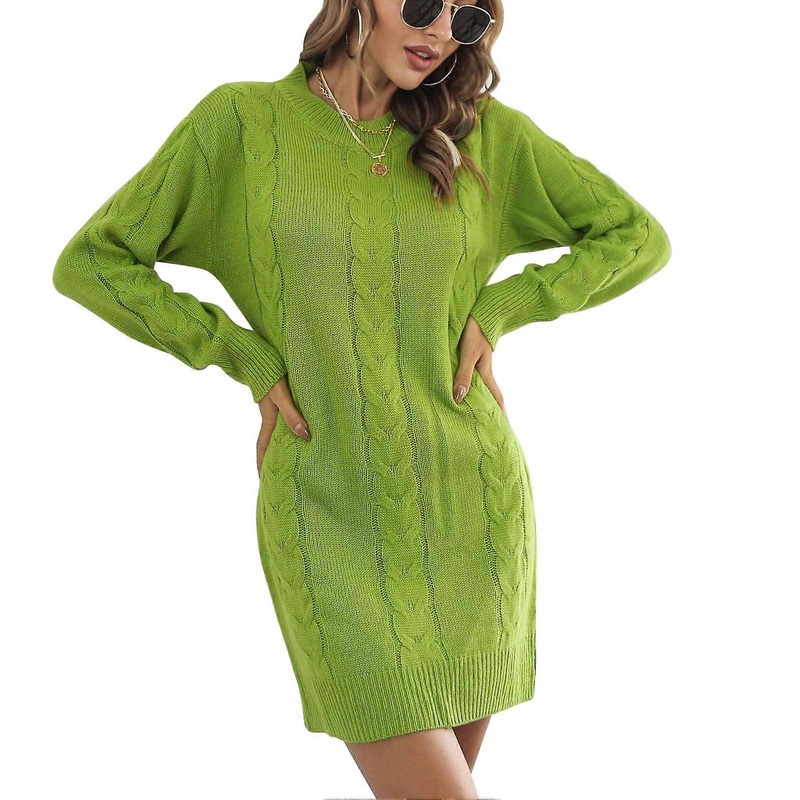 Women Winter Sweater Dress Cable Knit Crewneck Long Sleeve Pure Color Pullover Dress for Autumn Light Green S | Fruugo SG