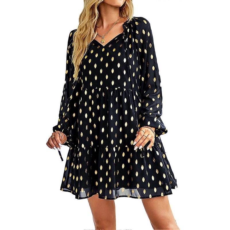 Womens Dot Chiffon Dress Fashionable Casual Waist Slim Fit Long Sleeve Polka Dot Dress for Spring Autumn Black L | Fruugo SG