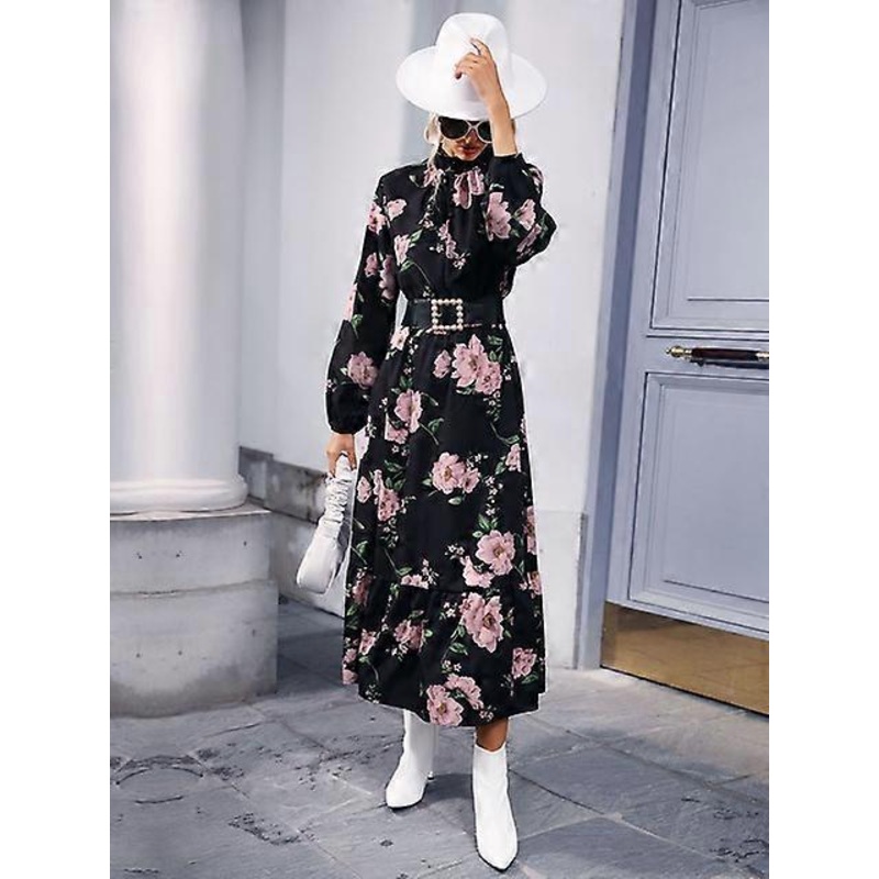 Yitimoky Women Dress Floral Half High Collar Long Sleeve High Waist A-Line Print Dresses Summer Fashion Beach Holiday Clothes-Black,S | Fruugo SG