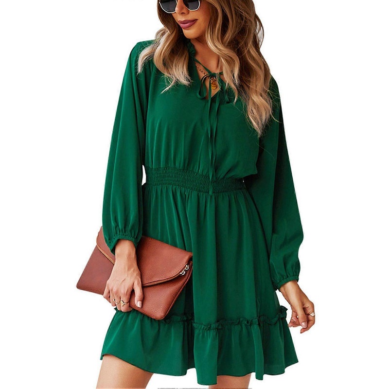 A Line Dress Pure Color Long Sleeve V Neck Elastic Waist Ruffled Hem Dress for Women Green S | Fruugo SG