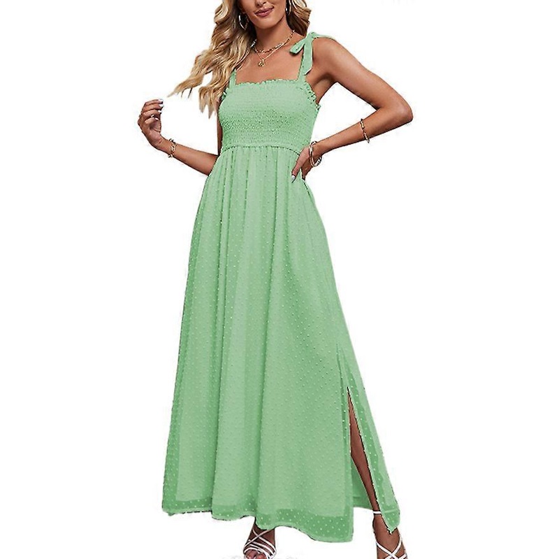 Dot Smocked Long Sun Dress Pure Color Bow Shoulder Strap Square Neck Side Split Maxi Dress for Birthday Green XXXL | Fruugo SG