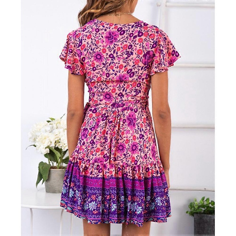 Dress Flower Style Summer Dress Women Daily Wearing V Collar Strappy Design Purple S 1Pcs | Fruugo SG