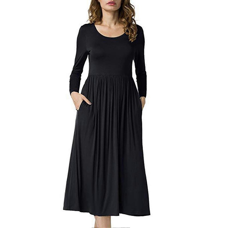 Dress Long Sleeve Round Neck Pure Color Flowy Swing Hem Comfortable Dress for Women Black XXL | Fruugo SG