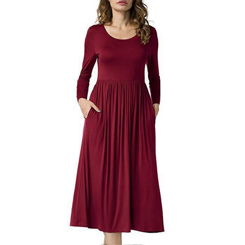 Dress Long Sleeve Round Neck Pure Color Flowy Swing Hem Comfortable Dress for Women Wine Red L | Fruugo SG