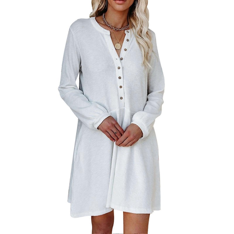 Dress Puff Long Sleeve V Neck Button Pure Color Pocket Loose Hem Casual Dress for Women | Fruugo SG
