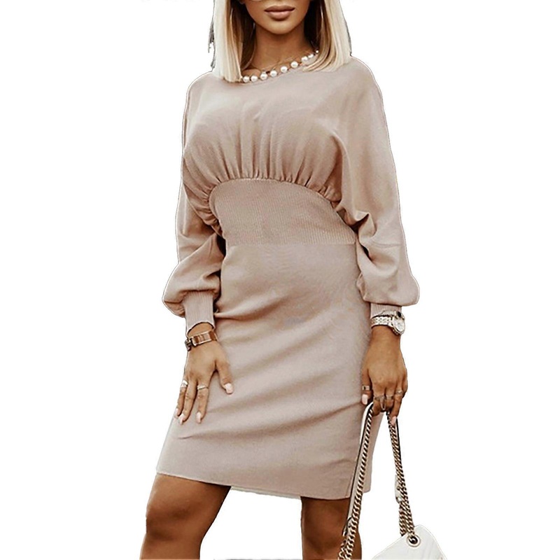 Off Shoulder High Waist Dress Batwing Long Sleeve Pure Color Bodycon Knitted Midi Dress for Women Apricot M | Fruugo SG