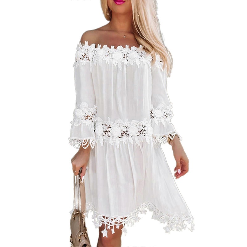 Strapless Long Sleeve Dress Loose Sexy Off Shoulder Lace Dresses Women Maxi Dress Women Solid Color Beach Dress  White M | Fruugo SG