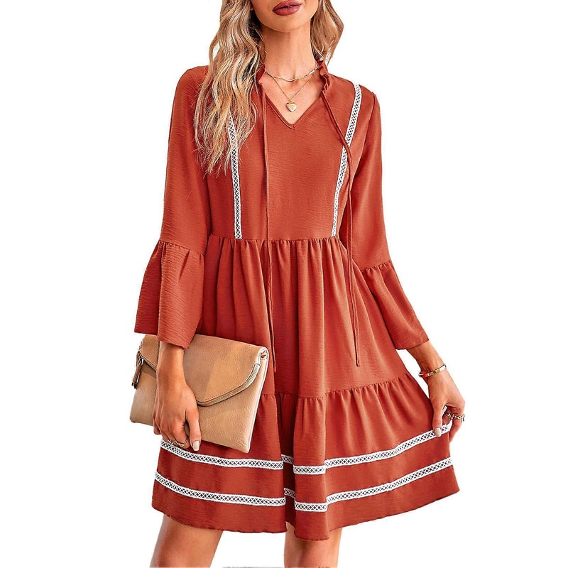 V Neck Ruffle Dress for Women Edge Tie Design Three Quarter Sleeve A Line Hem Breathable Womens Casual Dresses for Daily Life Brownish Red S | Fruugo SG
